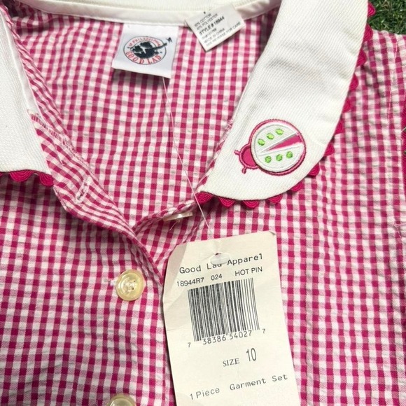 Pink gingham watermelon dress with white collar and buttons. Size: 10 - Picture 5 of 6